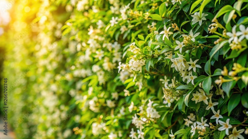 Wall of jasmine plants in full spring bloom with very green and shiny leaves on a sunny day, plant decor, blooming garden Wall of jasmine plants in full spring bloom with very green and shiny leaves on a sunny day, plant decor, blooming garden