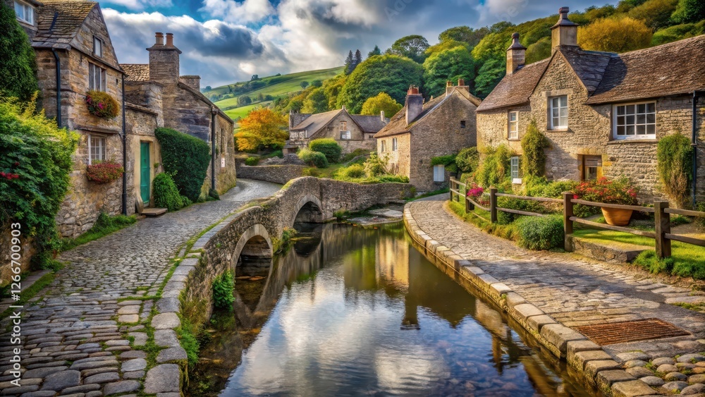 Fototapeta premium Old cobblestone road winding through a picturesque village with steep stone walls and ancient wooden bridges, reflecting calm serene water in the distance, rural landscapes , wooden bridges