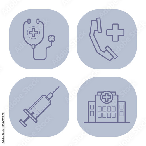 Collection of health-related icons with stethoscope, telephone, syringe, and medical facility. Services in healthcare concept