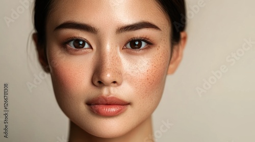 asia Before and after photos of a problematic face and healthy skin. Close Up Portrait of a Young Woman with Freckles and Natural Makeup