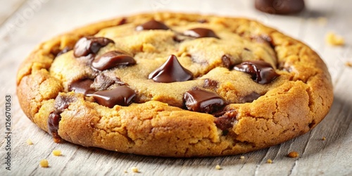 A single, warm, golden-brown chocolate chip cookie with a cracked surface and melted chocolate spots on top, macro
