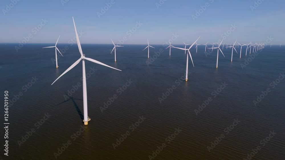 Set against a clear blue sky, rows of towering windmill turbines stand majestically in the calm waters of the Netherlands, harnessing sustainable energy. Set against a clear blue sky, rows of towering windmill turbines stand majestically in the calm waters of the Netherlands, harnessing sustainable energy.