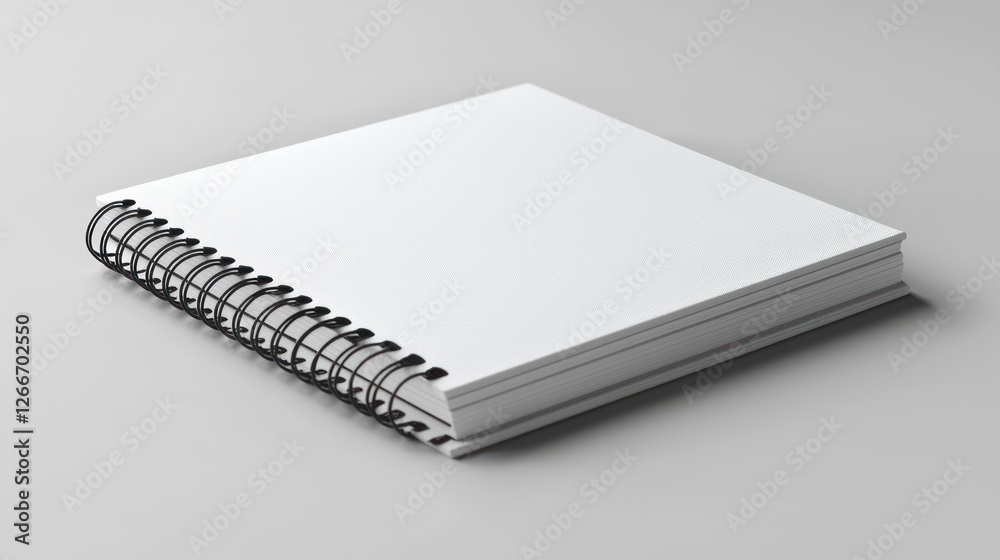 Blank Spiral Notebook Mockup: A pristine, white spiral-bound notebook, ideal for showcasing designs or branding. Perfect for presentations and marketing. Blank Spiral Notebook Mockup: A pristine, white spiral-bound notebook, ideal for showcasing designs or branding. Perfect for presentations and marketing.