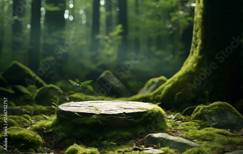 Sunlight filters through the dense foliage, illuminating a moss-covered tree stump surrounded by greenery and rocks, creating a serene atmosphere in the forest