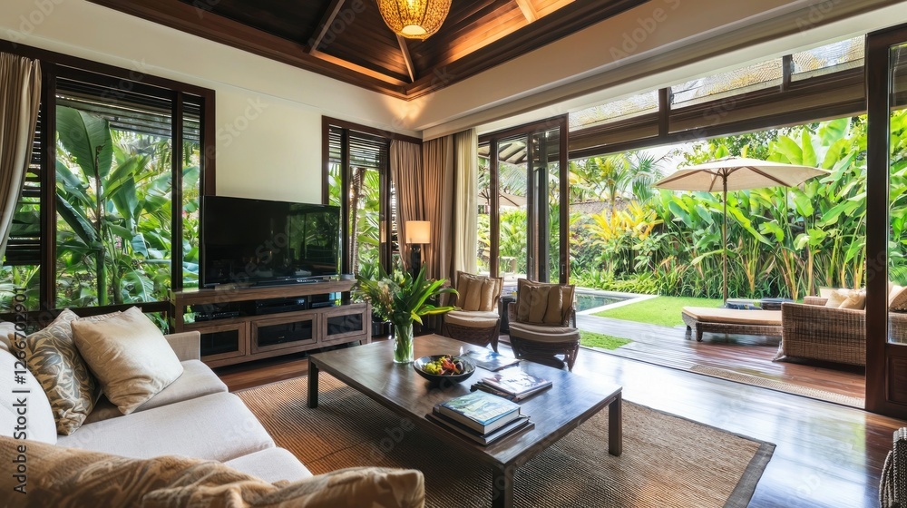 Fototapeta premium Luxury Tropical Villa Living Room with Garden View