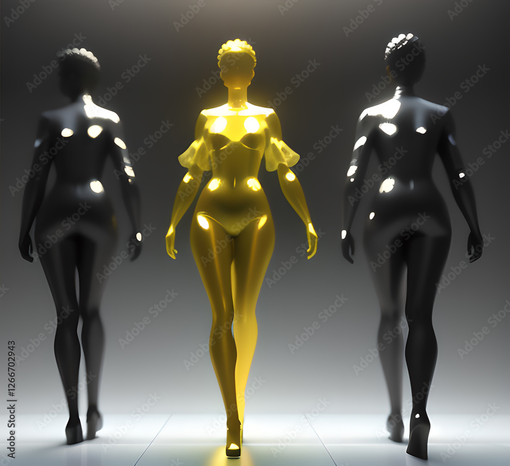 Abstract surrealistic illustration of glass statue several people standing in pose.Concept project.mindfulness and meditation.Futuristic. cyberpunk.innovation different types of poses.generative ai Abstract surrealistic illustration of glass statue several people standing in pose.Concept project.mindfulness and meditation.Futuristic. cyberpunk.innovation different types of poses.generative ai