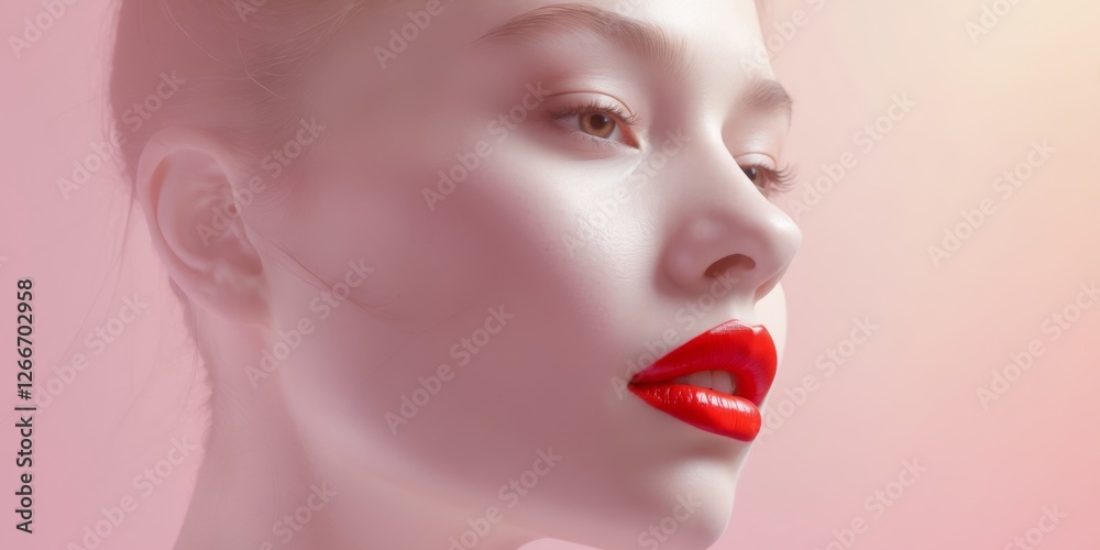 Profile of a model showing perfect lips with red lipstick on a pink background. Profile of a model showing perfect lips with red lipstick on a pink background.