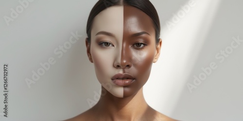 Profile of a model showcasing various foundation shades for perfect skin tone matching.