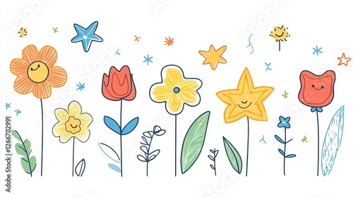 Vibrant Flower Garden Filled with a Variety of Colorful Blooms and Green Foliage Complemented by a Bright Starry Sky and a Graceful Bird Flying Through the Scenic Nature Landscape