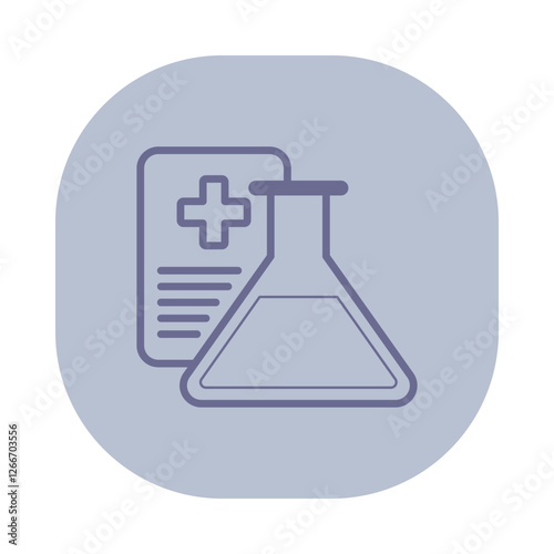 Icon of laboratory flask with liquid and health report beside it. Connection between health and scientific research concept