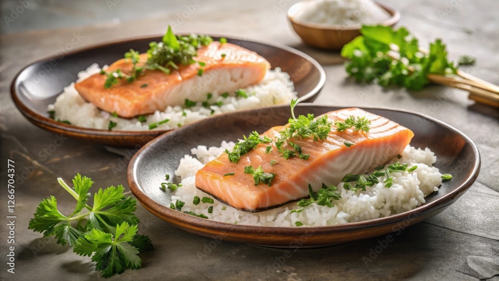Savory Salmon Filets Served on a Bed of Fluffy White Rice, Garnished with Fresh Herbs on Rustic Plates Savory Salmon Filets Served on a Bed of Fluffy White Rice, Garnished with Fresh Herbs on Rustic Plates