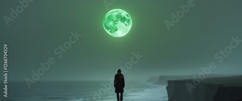 Lone figure on cliff under enigmatic green moon over ocean