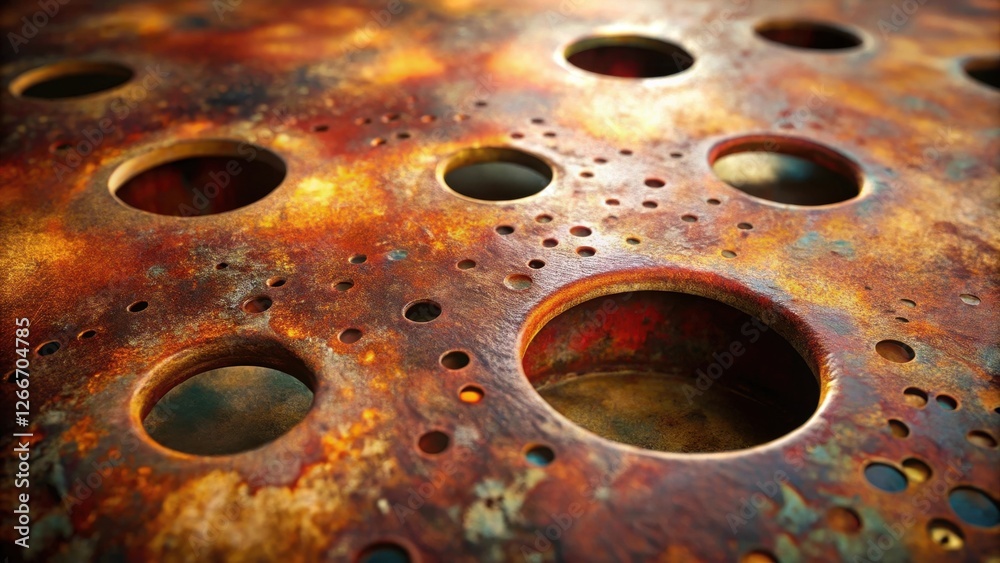 Close-up View of an Oxidized Metal Plate with Various Sized Perforations Close-up View of an Oxidized Metal Plate with Various Sized Perforations