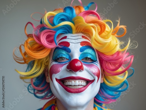 Happy clown smiling with colorful wig and makeup photo