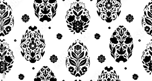 Vector monochrome seamless pattern with Easter eggs in folk art style. Texture with silhouette of decorative holiday eggs. Wallpaper with spring treats with floral ornament for fabrics