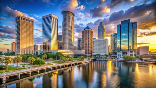 Towering skyscrapers dominate the cityscape of downtown Tampa, with sleek glass and steel exteriors reflecting the sun's warm light, landscape, city-life