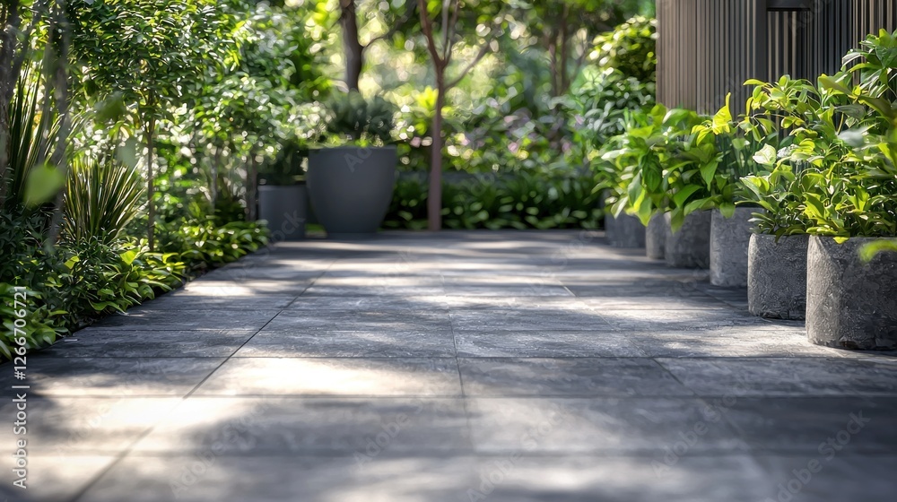 Fototapeta premium Serene Garden Path: A Tranquil Oasis of Greenery and Stone