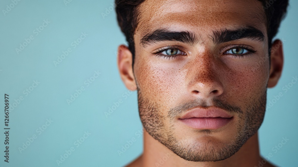 Fototapeta premium Before and after photos of a problematic face and healthy skin. Portrait of a Young Man with Freckles and Green Eyes