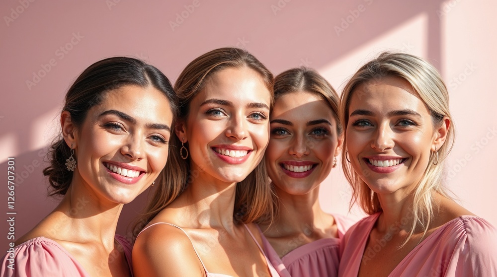 A joyful group of women dressed in pink stand close together, laughing and enjoying each other’s company. Their bright expressions symbolize unity, support, and happiness. A joyful group of women dressed in pink stand close together, laughing and enjoying each other’s company. Their bright expressions symbolize unity, support, and happiness.