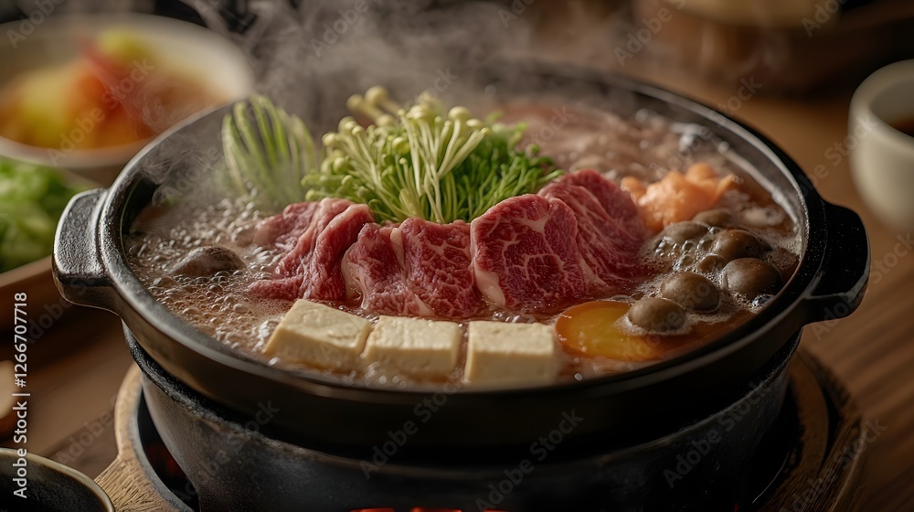 Hyper detailed Wagyu Sukiyaki Simmering in Cast Iron Pot with Traditional Broth and Seasonal Vegetables Hyper detailed Wagyu Sukiyaki Simmering in Cast Iron Pot with Traditional Broth and Seasonal Vegetables