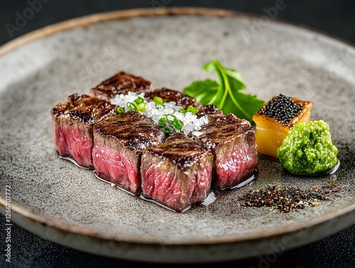 Exquisitely Plated Premium Wagyu Steak with Wasabi Truffle Salt and Yuzu Kosho