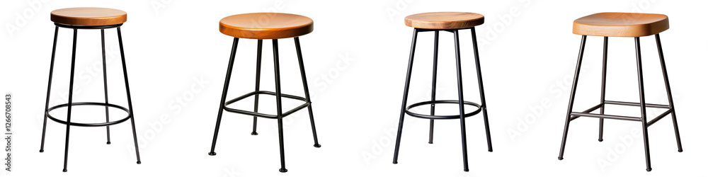 Collection of sleek and modern bar stools with minimalist metal frames and natural wood seats perfect for contemporary home or office interior design and decor Collection of sleek and modern bar stools with minimalist metal frames and natural wood seats perfect for contemporary home or office interior design and decor