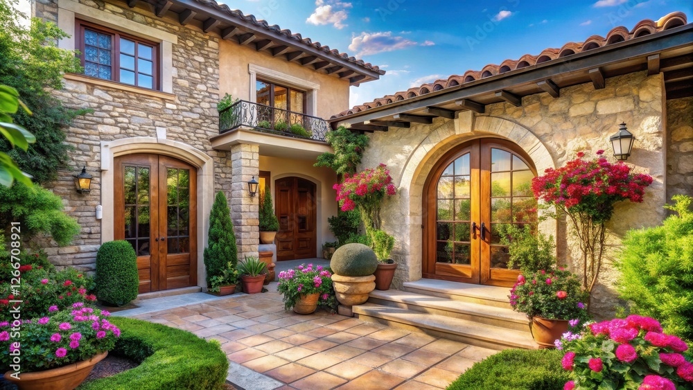 Obraz premium Mediterranean-style home exterior showcasing a sunlit stone facade, lush landscaping, and elegant double wooden doors.