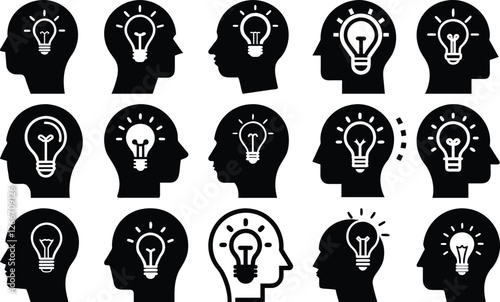Head with bulb vector icon. Black illustration isolated on white background for graphic and web design.
