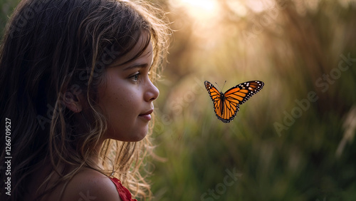 Sunset Serendipity: A young girl gazes in wonder as a monarch butterfly flits nearby, bathed in the golden light of the setting sun. A tender moment of childlike fascination with nature's beauty. 