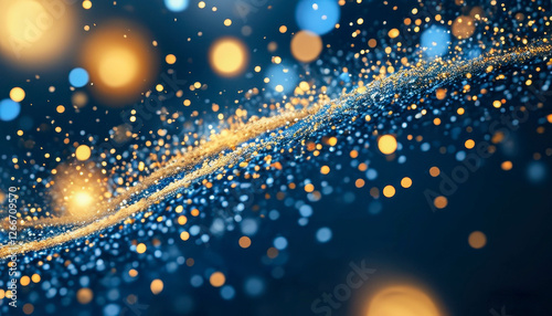 Abstract background with dark blue and gold particles creating the effect of sparkling lights and Christmas bokeh. Soft glow and festive atmosphere. photo