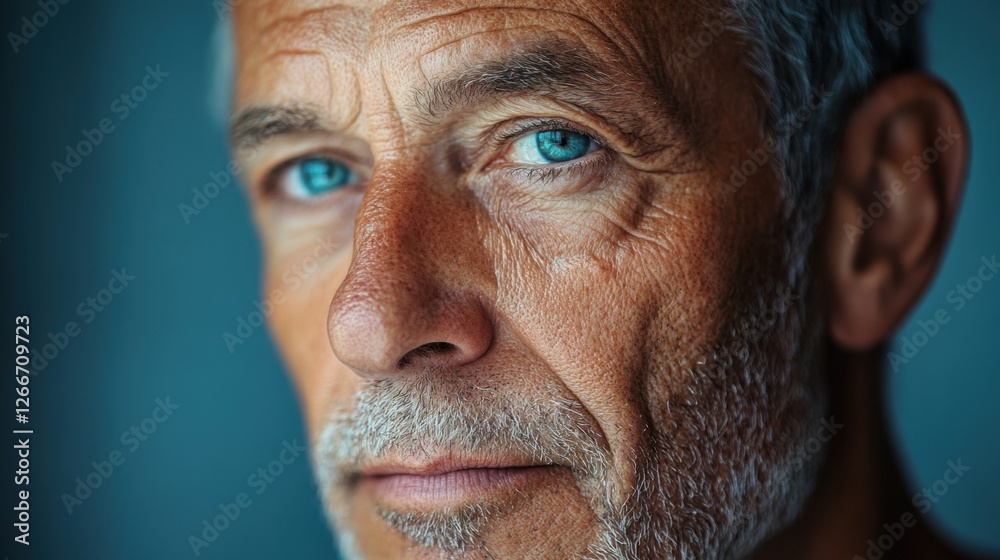 Before and after photos of a problematic face and healthy skin. Close Up Portrait of a Pensive Man with Blue Eyes Before and after photos of a problematic face and healthy skin. Close Up Portrait of a Pensive Man with Blue Eyes