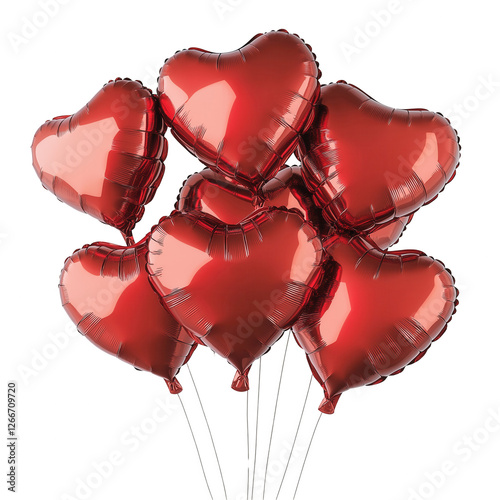 A group of red heart foil balloons on transparent background