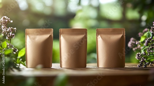 Three eco-friendly, kraft paper pouches displayed on a wooden surface, surrounded by greenery, conveying a natural and organic vibe.