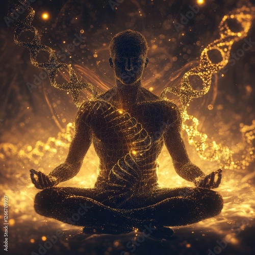Golden Human Figure in Lotus Position with DNA Strands