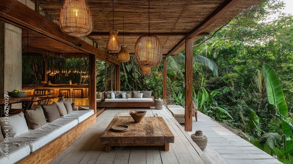 Fototapeta premium Tranquil Jungle Oasis: Luxurious Wooden Deck Design