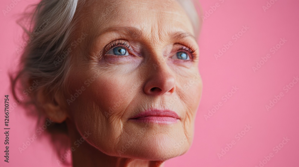 Before and after photos of a problematic face and healthy skin. Close Up Portrait of a Thoughtful Senior Woman Against Pink Background