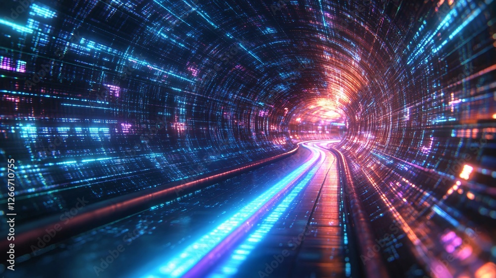Fototapeta premium A vibrant, futuristic tunnel filled with glowing lights and colors, creating a sense of movement and depth in a digital landscape.