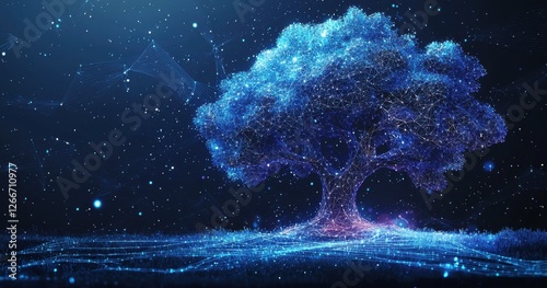 Digital network tree glowing in a futuristic and abstract starry design