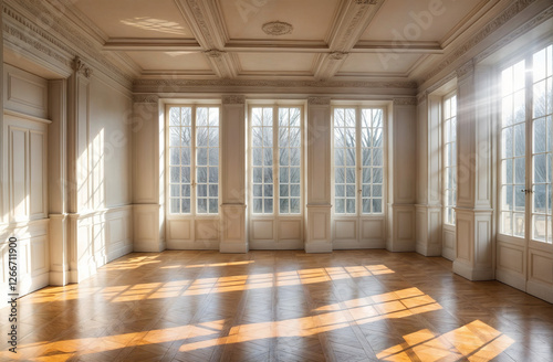 This image depicts an empty and light-filled room with parquet floors and large windows that allow natural light to enter the space.	
 photo