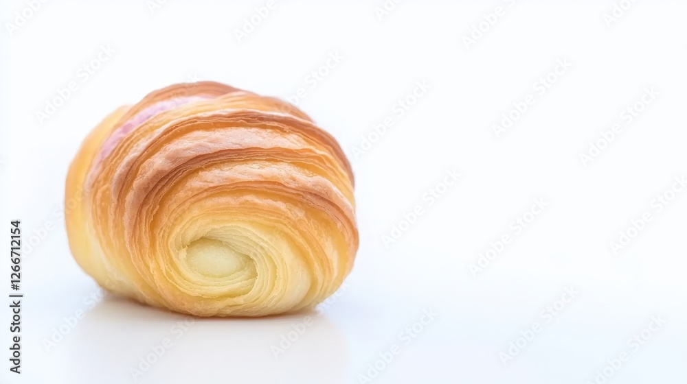 Close Up of a Beautiful Croissant on a White Background Showcasing Flaky Layers and Golden Brown Color Signifying Freshly Baked Pastry Delight Close Up of a Beautiful Croissant on a White Background Showcasing Flaky Layers and Golden Brown Color Signifying Freshly Baked Pastry Delight