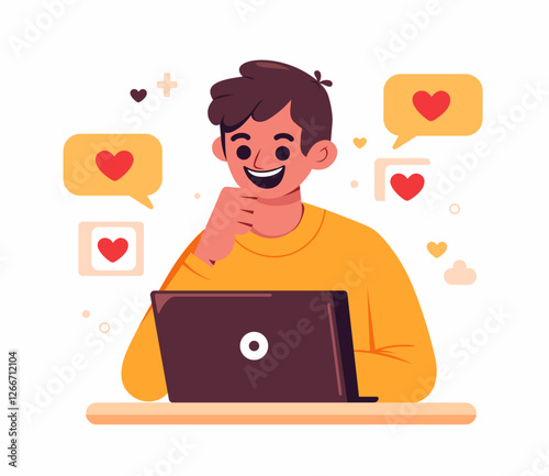 A person working on a laptop in a modern office setting. social media content creator concept. Performance marketing concept vector illustration