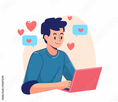 A person working on a laptop in a modern office setting. social media content creator concept. Performance marketing concept vector illustration