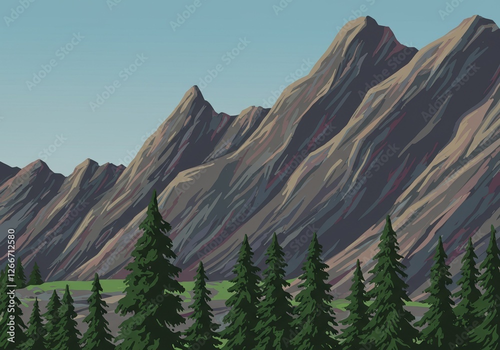 Fototapeta premium Scenic Mountain and Forest Landscape Illustration for Nature Enthusiasts and Outdoor Adventures