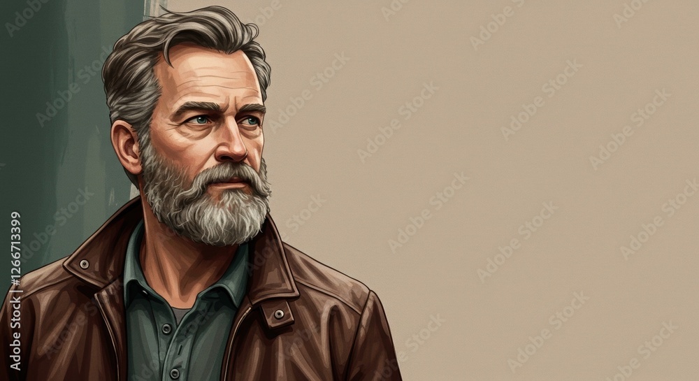 Fototapeta premium Mature Man Illustration in Leather Jacket with Thoughtful Expression for Portrait and Character Design