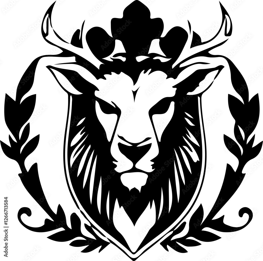 Fototapeta premium Crowned Deer Head Vector Art, Royal Stag Silhouette Design, Deer King Vector Illustration, Animal Head Emblem Vector, Majestic Deer Logo Art, Royal Animal Head Silhouette, Deer Head with Crown Vector,