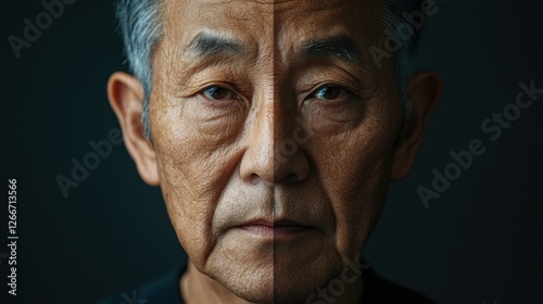 asia Before and after photos of a problematic face and healthy skin. Close-Up Portrait of an Elderly Man with Wrinkled Skin and Serious Expression Against a Dark Background photo