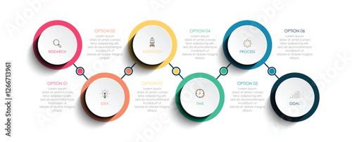 Business infographics. Chart with 6 steps, labels, options, circles. Vector infographic elements, circle chart	