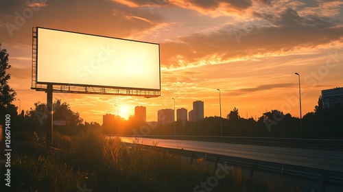 Blank billboard against vibrant sunrise cityscape along highway stretch