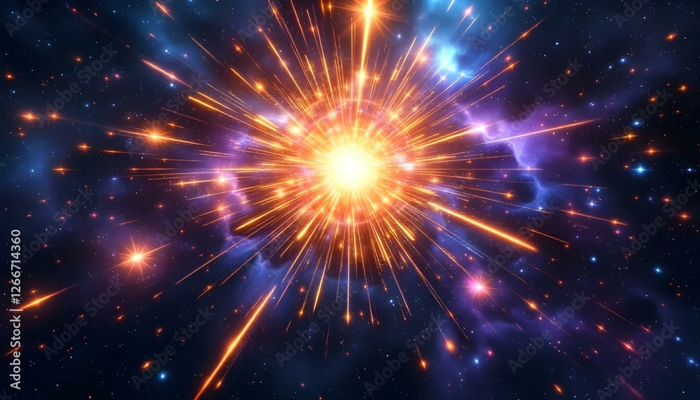 Fototapeta premium Holographic solar flare in cosmic fireworks display background, glaxy background, significantly, scientific glaxy concept, generated with ai