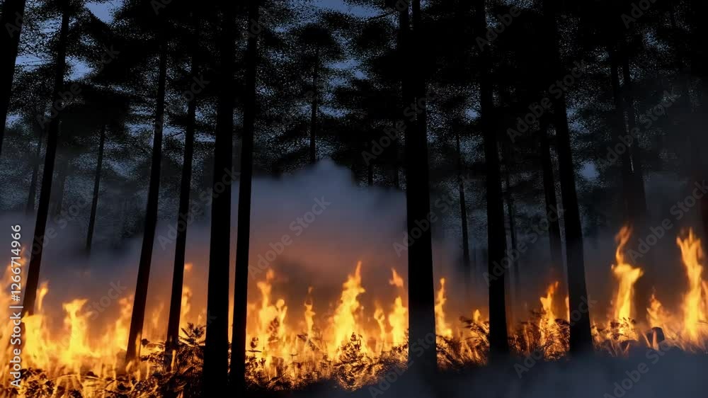 Forest engulfed in flames at twilight, with smoke rising and silhouettes of trees creating a dramatic scene Forest engulfed in flames at twilight, with smoke rising and silhouettes of trees creating a dramatic scene